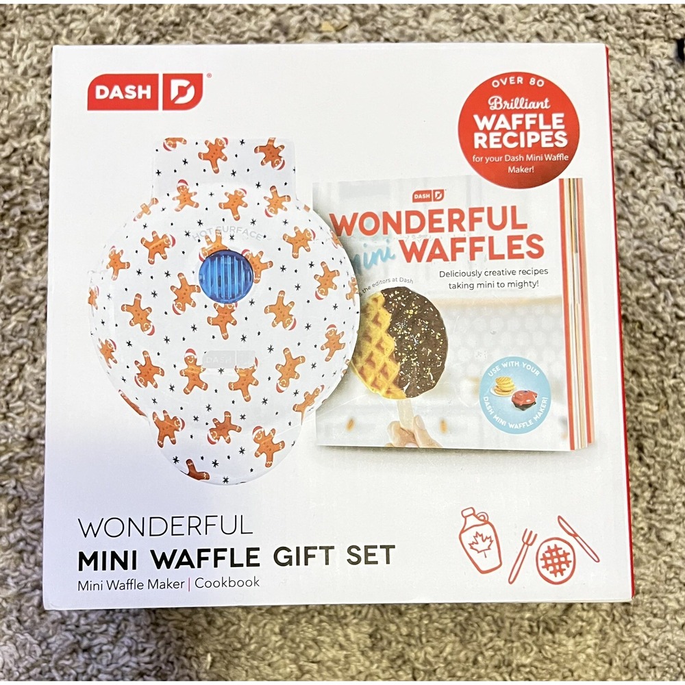 DASH Mini Waffle Maker w/ Recipe Book.  Ginger Bread man Holiday Gift Set NIB